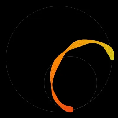 A moving image of a wonky spirograph-like apparatus leaving pulsating trails