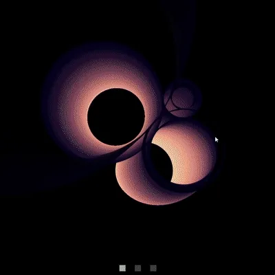 Mutually touching circles moving around leaving colorful trails behind. It is interacted upon by a cursor.