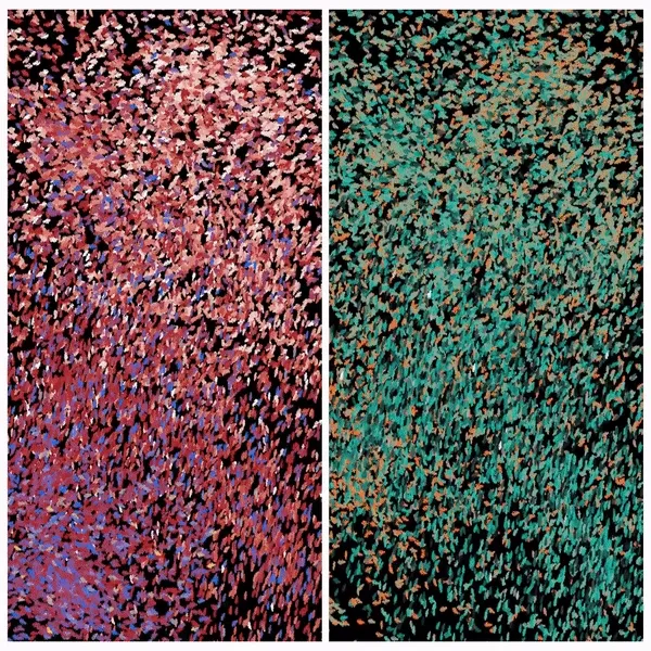 A moving image with two panels, both showing virtual brush strokes painting the canvas in wave like patterns. The left is rosy and the right is turquoise.